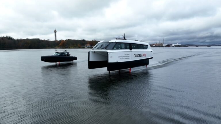 Candela closes record funding round of €24.5m for electric hydrofoil ferry production Candela’s P-12 ferry glides over the water next to a smaller patrol boat.