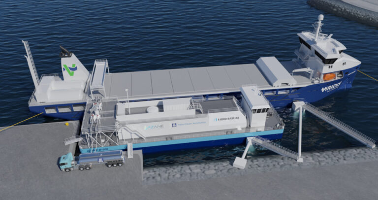 Yara Clean Ammonia and Azane to build low-emission ammonia bunkering terminal Illustration of the bunkering barge by Yara Clean Ammonia, Azane and Fjord Base.