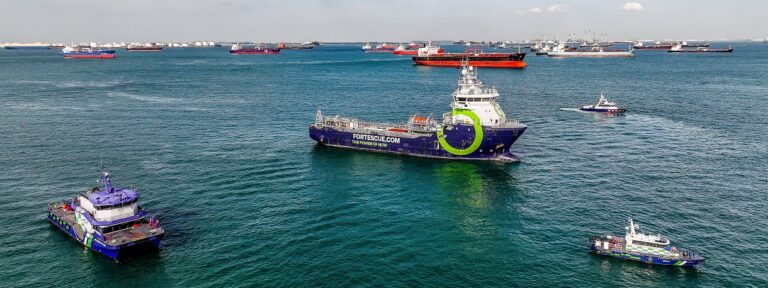 Fortescue trials dual-fueled ammonia-powered vessel in the Port of Singapore Fortescue's dual-fueled ammonia-powered vessel sets out from the Port of Singapore.