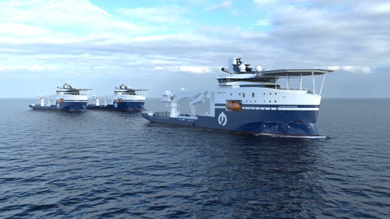 Vard to build a hybrid ocean energy construction vessel for Island Offshore A render of Island Evolution on the sea.