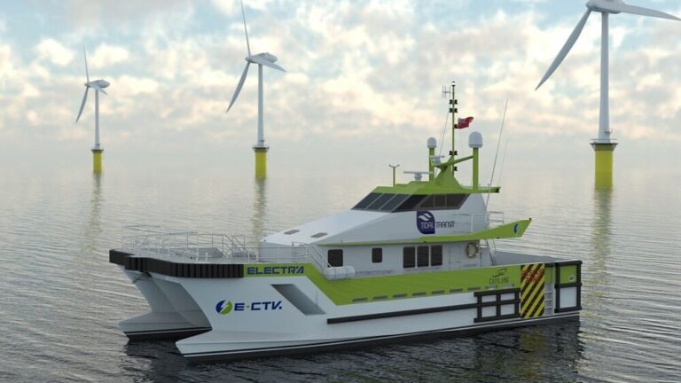 Volvo Penta to create world’s first retrofitted electric crew transfer vessel A render of E-Ginny next to an offshore wind farm.
