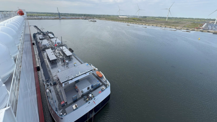 K Line begins using bio-LNG fuel for car carrier An aerial view of a port shows K Line's Oceanus Highway docked.