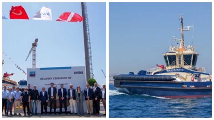 Left, staff from Svitzer and Sanmar stand in front of the new vessel; right, Svitzer's ElectRA tugboat sails through the water.