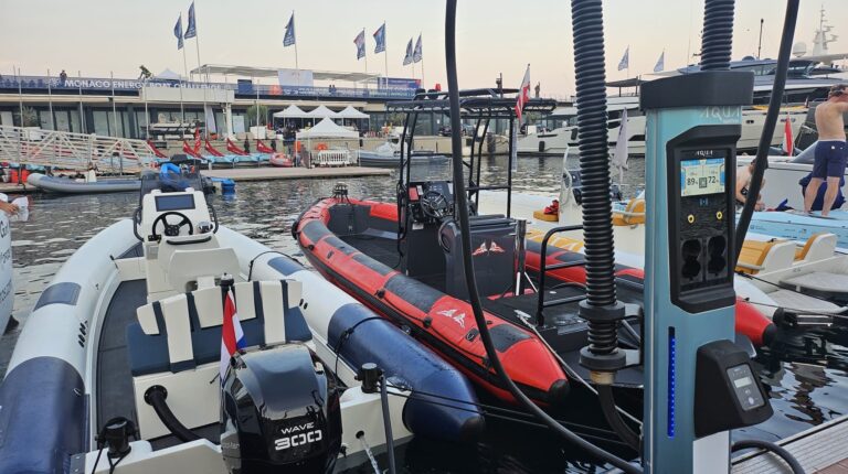 Aqua superPower charging infrastructure at the Monaco Energy Boat Challenge, in a packed marina.