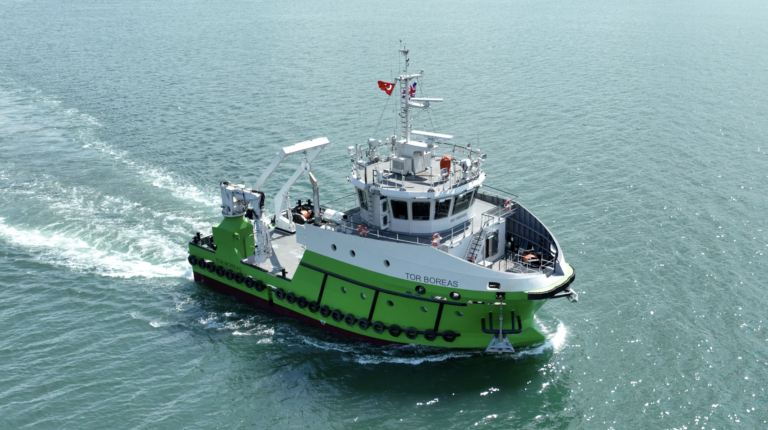 Inyanga takes over management of hybrid utility vessel The hybrid utility vessel Tor Boreas, painted green and white, on calm seas