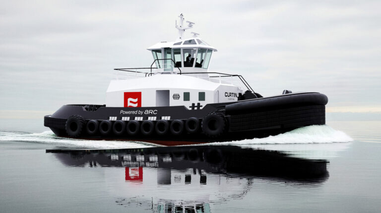 Arc announces deal with Curtin Maritime for eight hybrid tugboats A Curtin Maritime tugboats speeds across a calm grey sea under a cloudy sky