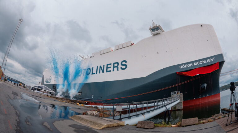 The latest dual-fuel PCTC from Höegh Autoliners pictured in the Port of Gothenburg, where it was recently named, with a grey cloudy sky