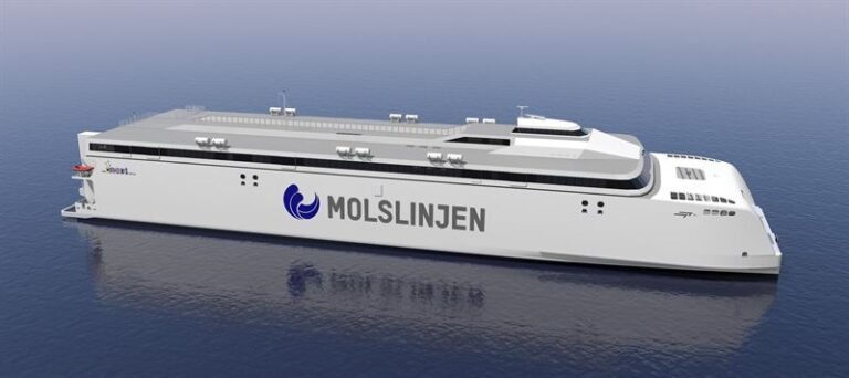 Wärtsilä to deliver electric propulsion system and waterjets for two high-speed battery-electric ferries A render of a new battery-electric ferry for the Danish ferry operator Molslinjen, shown in profile on a calm sea with no other boats around