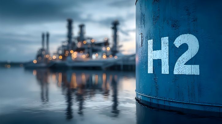 Ecomar and Argo-Anleg partner to deliver full hydrogen solutions in UK and Ireland An H2 storage solution sits in the water with a piece of infrastructure in the background with lights on