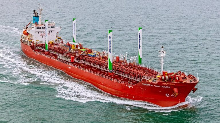 Chemship to reduce emissions with MMT vessel optimization systems A Chemship chemical tanker with wingsails sails on a calm sea