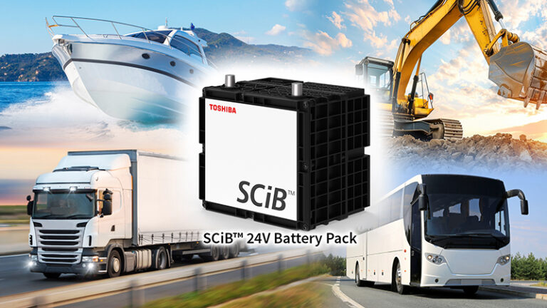 The Toshiba SCiB 24V battery pack for marine, automotive and equipment sectors, shown superimposed on a montage of applications