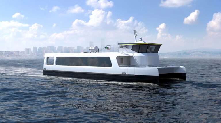 Glosten's 75-passenger all-electric ferry on calm seas on a sunny day