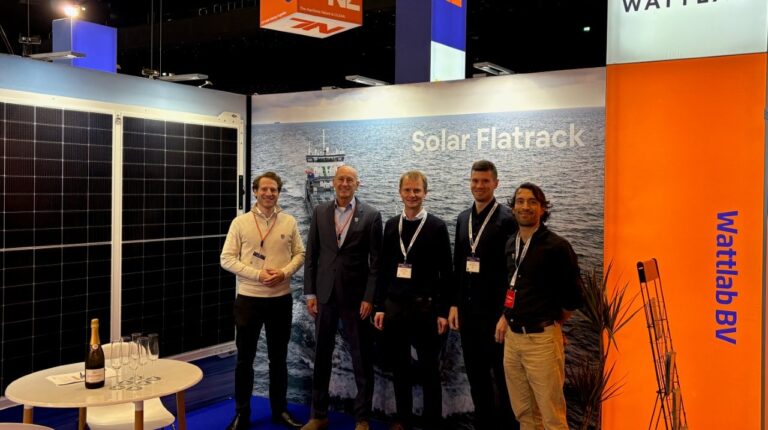 Representatives of Berge Rederi and Wattlab pose for a photo marking the signing of a partnership to install 96 Wattlab Flatracks onboard solar energy system units on the battery-powered bulk carrier BRF Froan