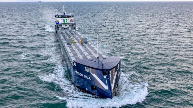 Wattlab installs first full-scale solar array on a seagoing vessel Wattlab installs first full-scale solar array on seagoing coaster MV Vertom Tula, pictured here sailing through calm seas with a light grey cloudy sky above