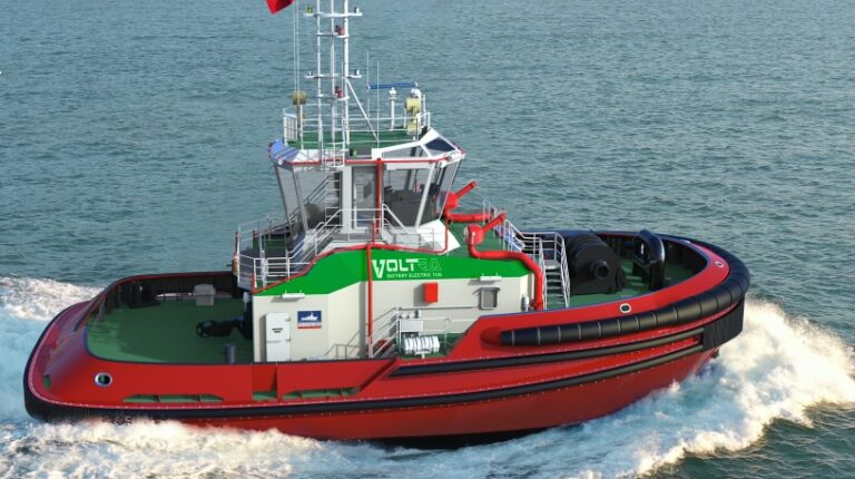 A Med Marine VoltRA electric tub boat, with a red and black hull and white and green company branding