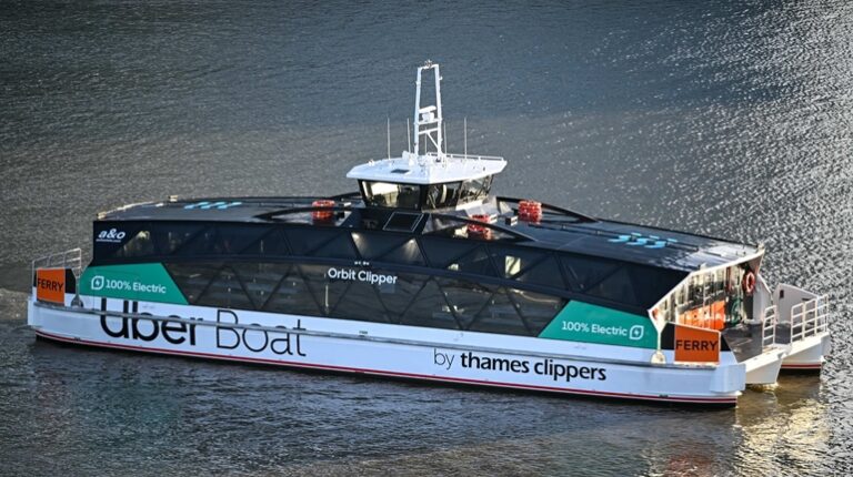 UK’s first fully electric ferry becomes operational on the River Thames The Orbit Clipper, the UK first fully electric zero-emissions ferry, completed its first passenger trip across the River Thames on December 5. It is pictured here with a white hull and a black and green livery.