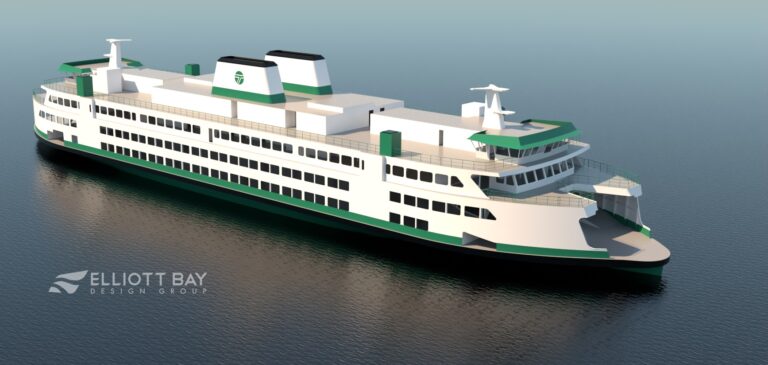 ABB to power Washington State Ferries’ first hybrid-electric new-build vessels Design render of one of Washington State Ferries’ first hybrid-electric new-build vessels, which will be powered by ABB. The vessel is green and white and has three rows of windows to indoor levels and two chimneys in parallel in the centre of the deck