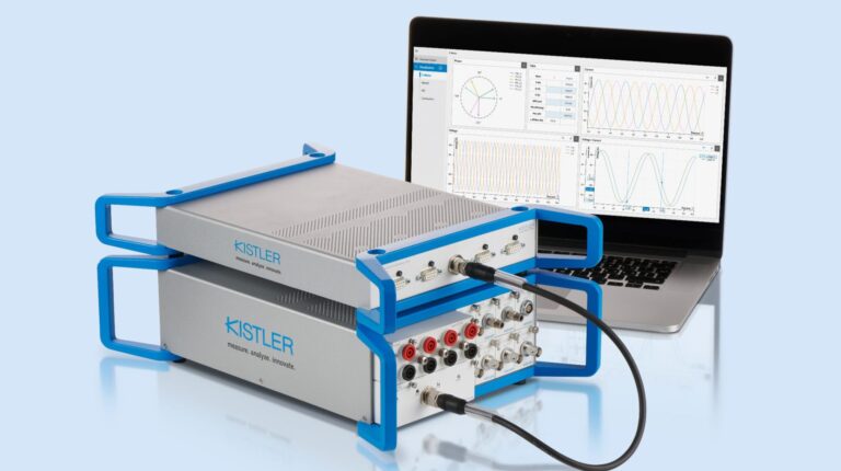 Kistler adds real-time electric and hybrid drivetrain analysis to KiBox2 The Kistler KiBox2 powertrain analysis system shown in profile against a blue and grey background, plugged into a laptop