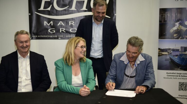 Western Australia awards contract for manufacture of the state’s first electric ferry fleet Representatives of the Western Australia government and Echo Marine Group sit at a table and sign a. ontract for the construction of the state's first electric ferries