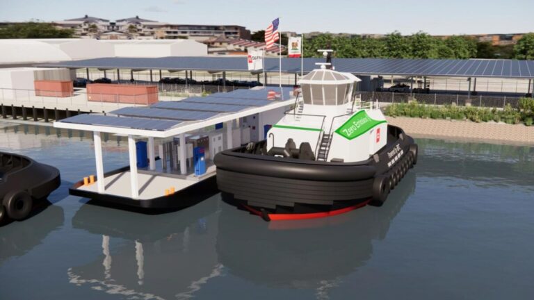 An artist's design of how the charging infrasstructure will look, with an electric tugboat with a black hull and a white deck and superstructure with green company branding.