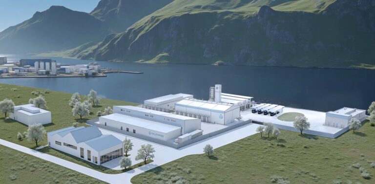 Gen2 Energy receives total capacity confirmation for liquefied green hydrogen facility in Norway A conceptual image of a 30tpd liquid hydrogen production facility, with several white and grey buildings located next to a lake at the foot of a mountain range